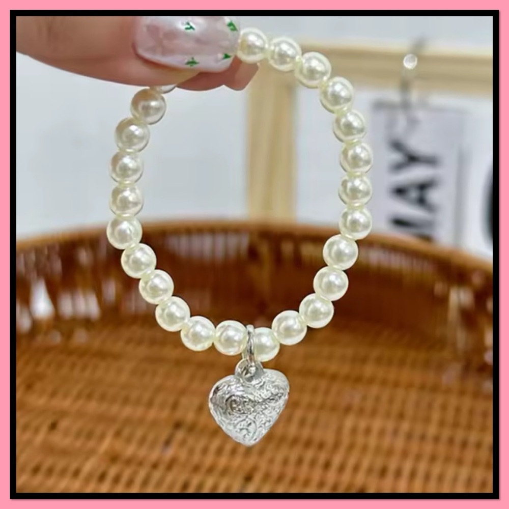 Labubu Pearl Beaded Necklace with Silver Heart Charm - White